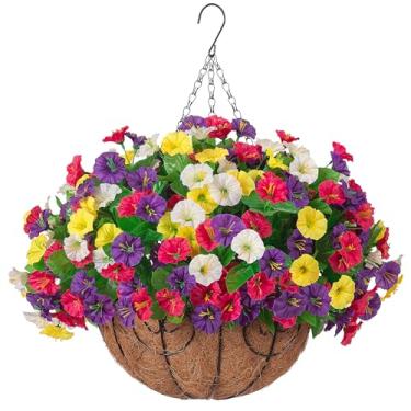 Imagem de Ammyoo Flores artificiais falsas para pendurar com cesta, arranjo de flores de seda sintética para decoração de primavera e verão, planta pendurada para pátio, jardim, varanda, decoração ao ar livre