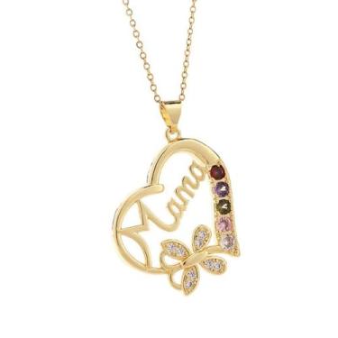 Imagem de Dtja Colar feminino com pingente de coração de amor de zircônia cúbica colorida banhado a ouro MaMa, moderno, strass, coração de borboleta, corrente de elos ajustáveis, joia de casamento 45,7 cm para
