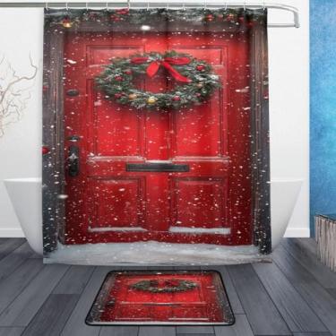 Imagem de xigua Conjunto de tapetes de cortina de banho com guirlanda de Natal com porta vermelha festiva 2 peças, conjunto temático de banheiro (152 x 182 cm) com cortina de chuveiro e tapete antiderrapante
