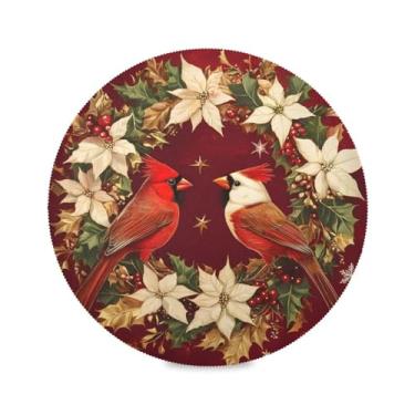 Imagem de STAYTOP Jogo americano redondo de pássaro de Natal 6 peças, tapetes de mesa antiderrapantes fáceis de limpar para decoração de mesa de festa de churrasco em casa