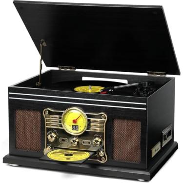 Imagem de VEDO Toca-discos Bluetooth 10 em 1, toca-discos de vinil de 3 velocidades com alto-falantes, conversor de LP para MP3, CD, toca-fitas, rádio FM, streaming sem fio (preto)