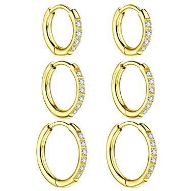 Imagem de 3 pares de brincos de argola Huggie, brinco de argola de cartilagem AAA+ brincos de aço inoxidável com zircônia cúbica, Aço inoxidável, Zircônia cúbica