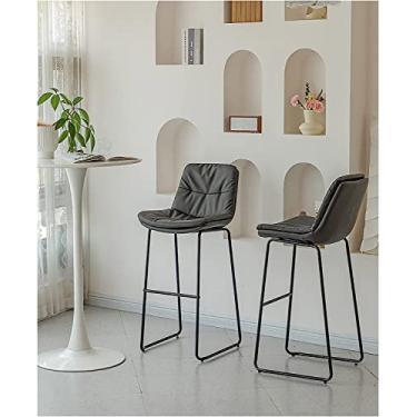 Imagem de Banquetas de bar, conjunto de 2 bancos de bar com assento de couro sintético macio, cadeiras de bar, balcão de café da manhã, cadeiras de cozinha, pernas de metal preto, bancos altos cinza A