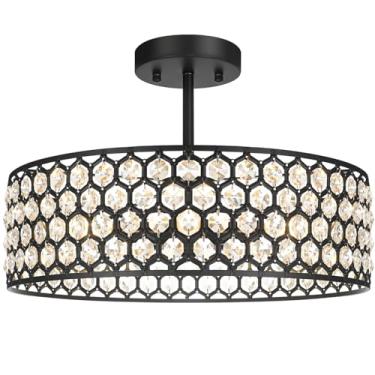 Imagem de Lxybcce Luminária de teto de cristal preto - Lustre de teto moderno para cozinha, lustre de prisma deslumbrante para quarto, banheiro, sala de jantar, 5 luzes, 40,6 cm