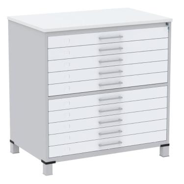 Imagem de Mapoteca 10 Gavetas Pandin 120cm (larg) Inmetro Tampo Mdp Branco Estrutura Aço Cinza Gavetas Brancas
