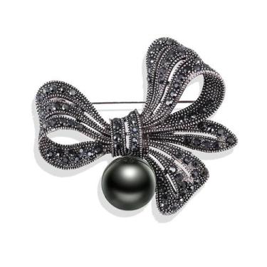 Imagem de Broche Fuqimanman2020 Vintage Laço com Pérola Preta e Strass