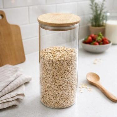 Imagem de Pote Tampa Bambu Madeira Mantimentos Grãos Conserva Recipiente Armazen