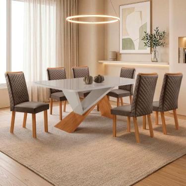 Imagem de Mesa de Jantar Yasmin 180cm Tampo MDF Vidro Canto Copo com 6 Cadeiras 