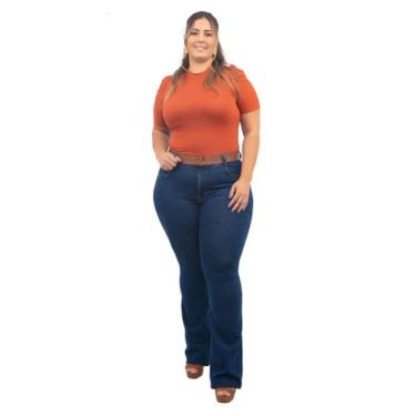 Imagem de Calça Jeans Flare Plus Size, Azul Escuro, Com Cinto - Cambos Jeans, 50