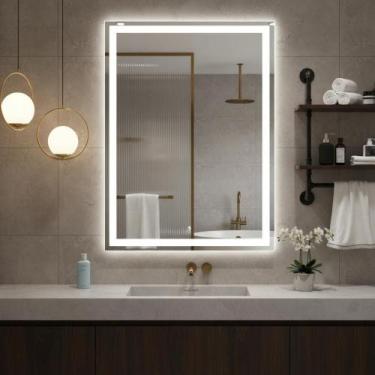 Imagem de Espelho Retangular 70x50cm Jateado com LED Lapidado Branco Frio Horizo
