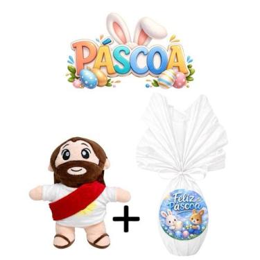 Imagem de Kit Páscoa Religioso Pelúcia Jesus + Chocolate 250g Presente Infantil 