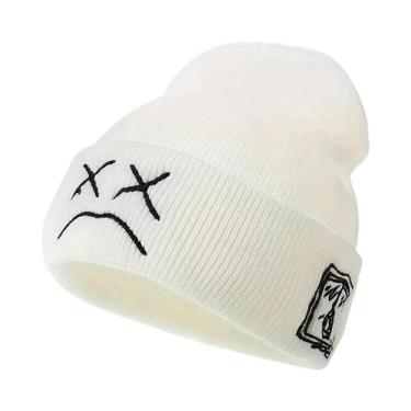 Imagem de Gorro De Malha Hip-Hop Sem Aba Bordado Com Rosto Triste Preto E Branco