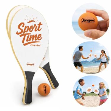 Imagem de Frescobol Kit com 2 Raquetes e Bolinha Sport Time Ergonômica MDF Marrom Yeet
