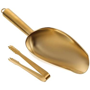 Imagem de Conjunto de pinças de gelo com colher de gelo: Aço inoxidável pequena barra inferior redonda farinha de gelo utilitária colher buffet clipe de servir pinças com dentes para cubos grandes congelador balde de gelo cobre dourado