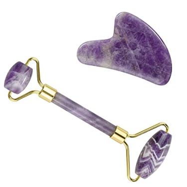 Imagem de Yajun Rolo de massagem facial Gua Sha, conjunto de ametista, jade, raspador muscular facial para rosto, olhos, pescoço e corpo