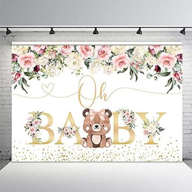 Imagem de MEHOFOND 2,1 x 1,5 m Oh Baby Bear Girl Baby Shower Funground We Can Bearly Wait Bear Pink Floral Gold Confetti Party Table Banner Decor Photography Studio Photo Booth Suprimentos