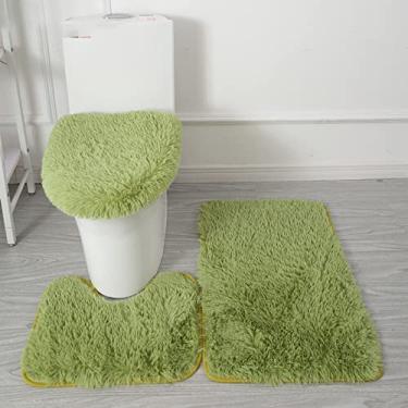 Imagem de Tapete de banho 3 peças/conjunto de pelúcia capa de banheiro almofada de pé absorvente antiderrapante capacho de banheiro de flanela macia tapete de banho, grama verde