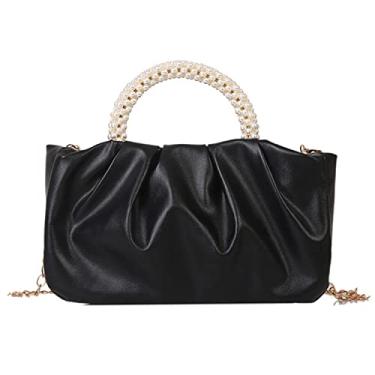 Imagem de Bolsa feminina perolada moderna de cor sólida bolsa carteiro com corrente, bolsa de noite clássica tote, Preto, One Size
