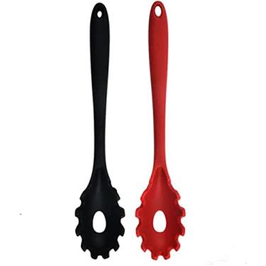 Imagem de Garfo para macarrão de silicone (11,2"), colher de servidor de espaguete de 2 pacotes resistente ao calor 600 ° F, colher de macarrão de qualidade alimentar, sem BPA, colher de macarrão. (Preto + Vermelho)