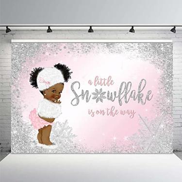 Imagem de MEHOFOND Um pouco de floco de neve está a caminho pano de fundo para meninas chá de bebê rosa prata glitter flocos de neve decorações de festa chá de bebê fundo de fotografia fotografia suprimentos de banner de sessão de fotos 2 x 1,5 m