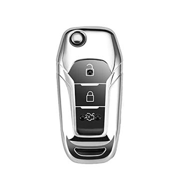 Imagem de CSHU TPU Car Flip Car Key Case Cover Porta-chaves Anel Porta-chaves, apto para Ford Fiesta Focus 2 3 4 Explorer Ranger KA Escort Mondeo Everest Ranger F150 F250, prata