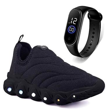 Imagem de Tenis Infantil De Led Calce Facil Elastico Meninos Masculino + Relogio Cor:Preto;Tamanho:33