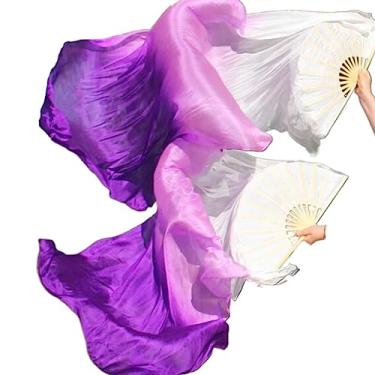 Imagem de SALFEE 1 par de ventiladores de véu de seda para dança do ventre de 150 x 90 cm par de ventiladores de bambu dobrável longo para dançarinos folclóricos
