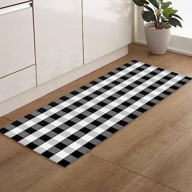 Imagem de Savannan Tapetes e tapetes de corredor 1 peça, preto branco cinza xadrez xadrez padrão geométrico antiderrapante, tapete de cozinha absorvente, tapete de porta interno com pontos de borracha, tapete