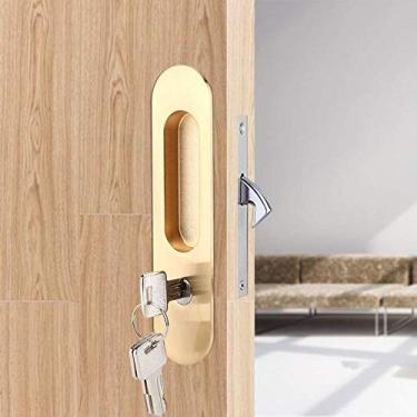 Imagem de Fecho de porta de correr de liga de zinco Fdit com trava de madeira invisível para porta com 3 chaves de ferragens de móveis para armário de banheiro, cozinha, varanda, Dourado, 1