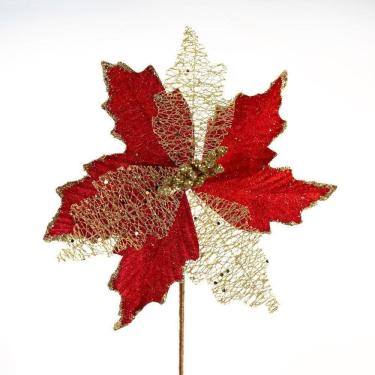 Imagem de Kit 8 Flores Com Cabo Artificial Brilho Natal Vermelha 24cm