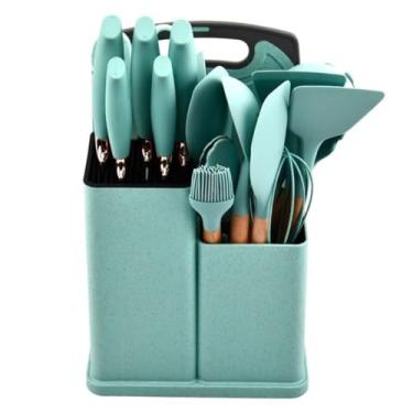 Imagem de AMG Conjunto Utensílios de Cozinha em Silicone e Madeira 19 Peças - Espatula, Faca, Tesoura, Concha, Tábua Corta - Cabo Madeira - Rosa, Cinza, Verde, Preto, Branco, Azul