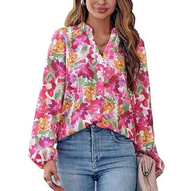 Imagem de Blusa Fina Estampada Com Decote Em V, Blusa Estampada Floral Com Decote Em V da Moda Respirável para Mulheres para a Vida Diária (L)
