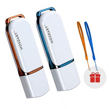 Imagem de MOSDART Flash Drive USB 2.0 de 16 GB, com luz LED e cordões, cartão de memória FAT32 para computadores, backup de sistema, armazenamento de dados, laranja e azul (pacote com 2)