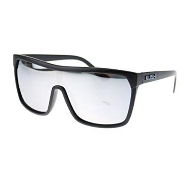 Imagem de Óculos de sol Kush Marijuana Pot Flat Top Shield Mob com lentes espelhadas espelhadas, Logotipo cinza/espelhado prateado, One Size