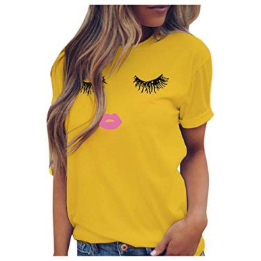 Imagem de Blusa feminina de verão plus size manga curta com estampa gráfica para sair blusas casuais modernas blusa floral túnica atlética, Amarelo, M
