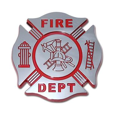 Imagem de Elektroplate Símbolo da cruz maltesa do Corpo de Bombeiros OEM cromado e emblema vermelho para carros, caminhões e todos os automóveis | Ajuste universal em 7 cm x 7 cm | À prova de intempéries