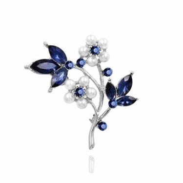 Imagem de Zeshimb Broche de flor de pérola de cristal broche de pétala de cristal azul minúsculo broche de flor de ameixa de pérola clássica floral broche de corsage acessórios de roupas joias para mulheres