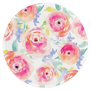 Imagem de Auhoahsil Mouse Pad, Mousepad de borracha antiderrapante com tema de flores redondas com bordas costuradas duráveis para jogos, escritório, laptop, computador PC masculino e feminino, design personalizado fofo, 22 x 22 cm, aquarela rosa
