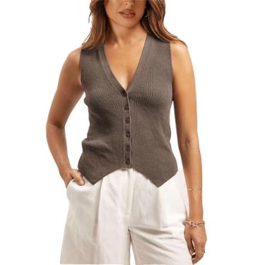 Imagem de IQSQSQ Suéter feminino casual gola V abotoado sem mangas cardigã de malha colete regata streetwear, Marrom, Large