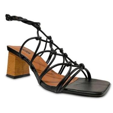 Imagem de Sandália Preta Salto Bloco Grosso Cortiça Corda Amarração-Feminino