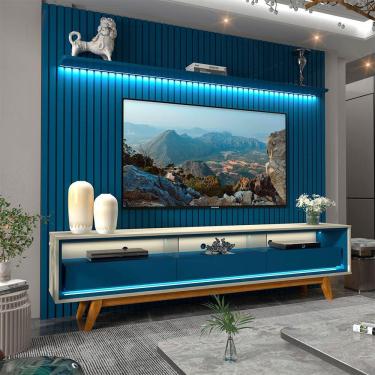 Imagem de Rack Com Painel Ripado Para TV Até 85 Com Led Nobre 230 Com Pés Madeira Azul Royal - Gelius Móveis