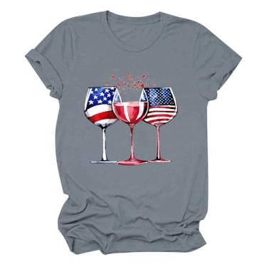 Imagem de Camisetas femininas PKDong de 4 de julho com gola redonda, manga curta, dia independente, estampada, taças de vinho, camisetas de verão 2024, Cinza, GG