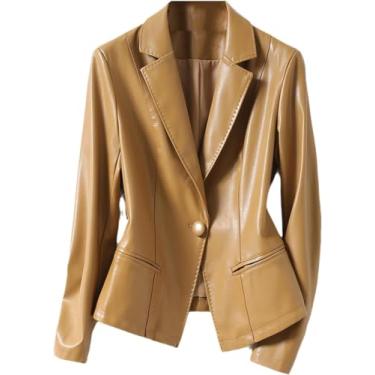 Imagem de UnideKuaiDi Jaqueta feminina de couro genuíno primavera outono casaco de pele de carneiro real slim botão único casual blazer agasalho, Marrom, 3G