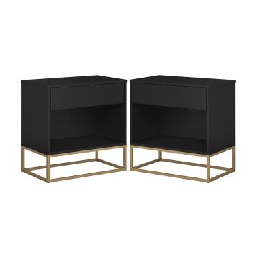 Imagem de Kit 2 Mesas de Cabeceira Industrial Gaveta e Nicho Preto com Base de Ferro Dourado