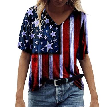 Imagem de Camiseta feminina com bandeira americana para o verão, dia da independência, listras estrelas, memorial Day, blusa de manga curta, Vinho, GG