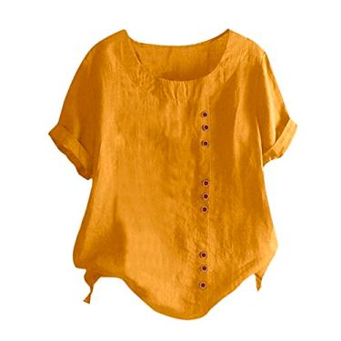 Imagem de Lainuyoah Camisas rodadas para mulheres verão tops férias camiseta gráfico 2024 blusa moderna gola redonda botão boho linho túnica, C, amarelo, P
