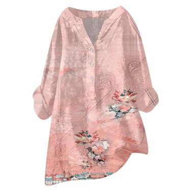 Imagem de Camiseta feminina de algodão e linho, estampa floral, manga comprida, abotoada, gola V, casual, folgada, rosa, XXG