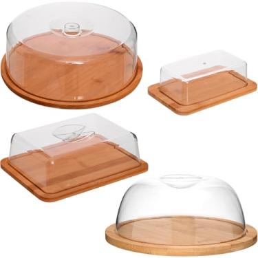 Imagem de Conjunto Com 4 Peças Utensílios De Bambu Porta Frios Boleira Queijeira Manteigueira com Tampa Pote Para Alimentos Bolo Queijo Embutidos Manteiga Queijos Cozinha