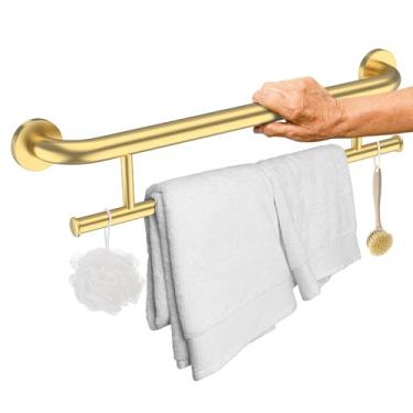 Imagem de Barra de apoio dourada escovada de 61 cm com suporte de toalha, toalheiro de aço inoxidável iHansee suporte de chuveiro alça de suporte equilibrado, trilho de segurança para corrimão de parede para