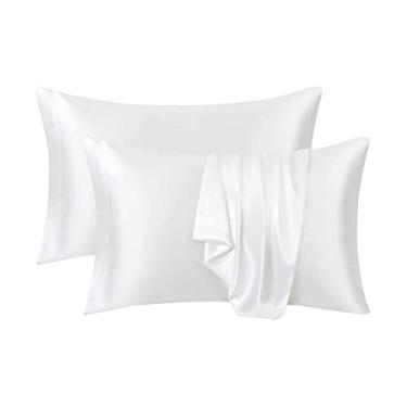 Imagem de Ersmak Fronhas de cetim Queen conjunto de 2, fronhas de cetim ultra macias e sedosas para cabelo e pele, capas de almofada resistentes a desbotamento com fecho de envelope (branco marfim)